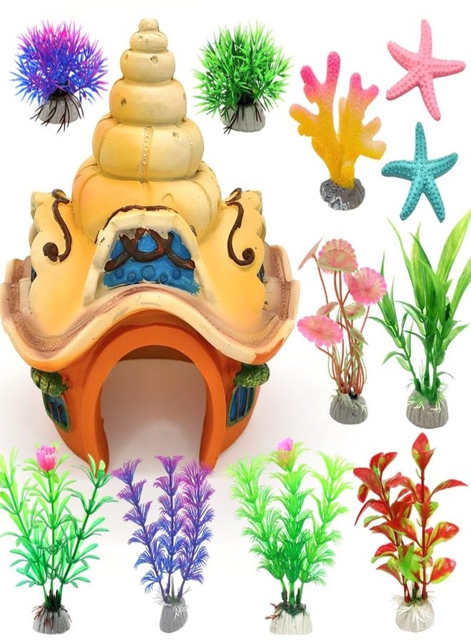 GOFYLIN Fish Tank Decorations kit, Aquarium Decor Sea Shell House x 1pc, Fish Tank Accessories Aquatic Plants x 8pcs, Starfish x 2pcs, Coral x 1pcs. - Image 2